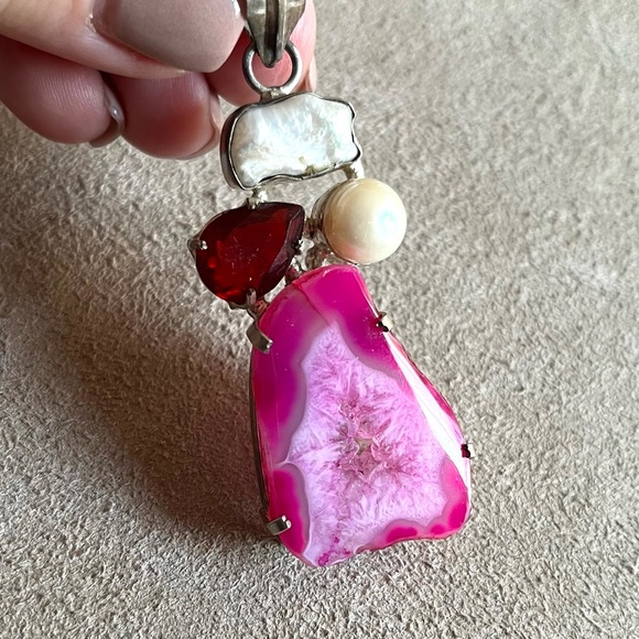 JTYDS•tourmaline titanium pink agate druzy pearl 925 sterling silver pen… - Picture 1 of 6